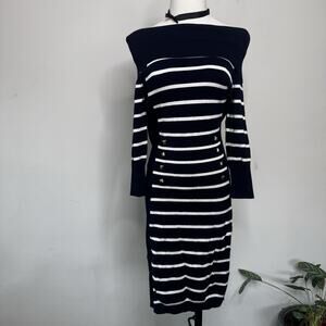Vintage Y2K CACHE Navy White Striped Off The Shoulder Ribbed Dress Clean Girl M